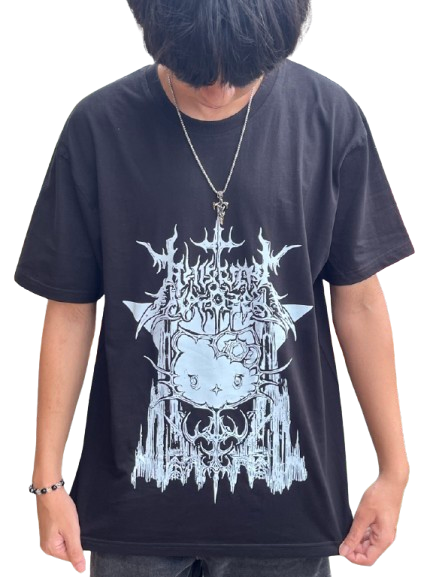 Person wearing a black t-shirt with a white graphic design on a white background