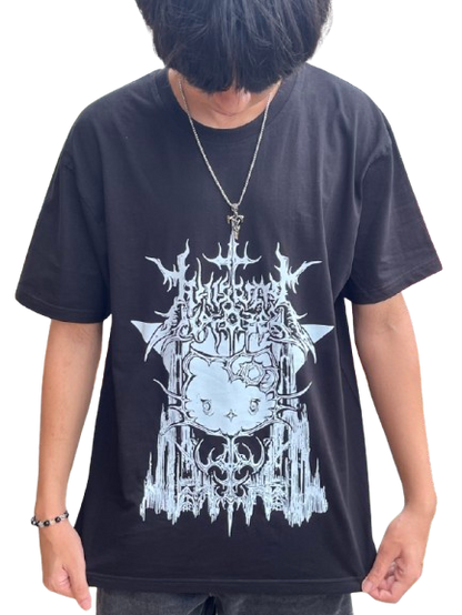 Person wearing a black t-shirt with a white graphic design on a white background