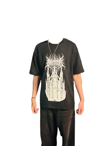 Person wearing a black t-shirt with a white graphic design on a white background