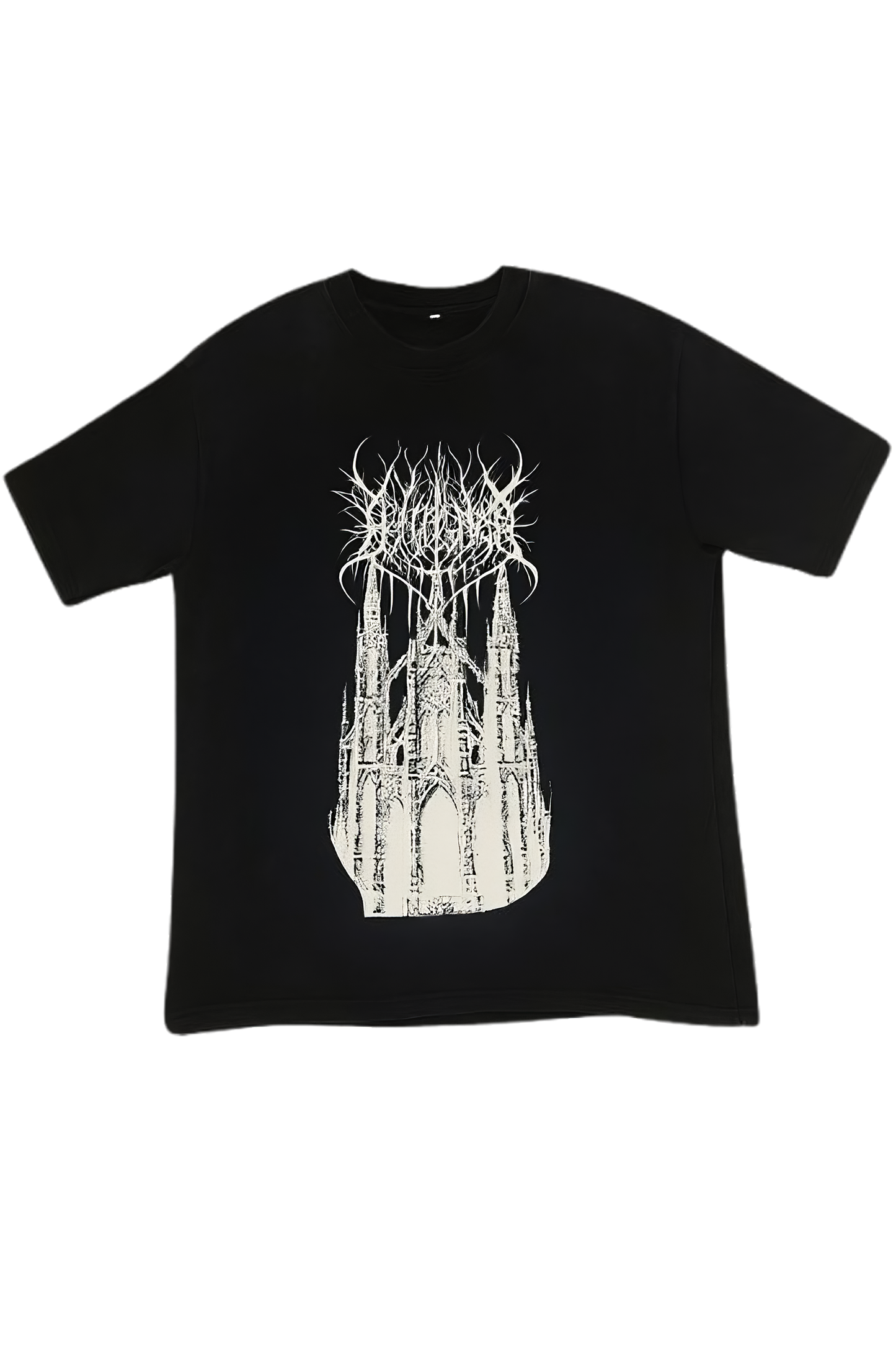Black t-shirt with a white graphic design on a white background