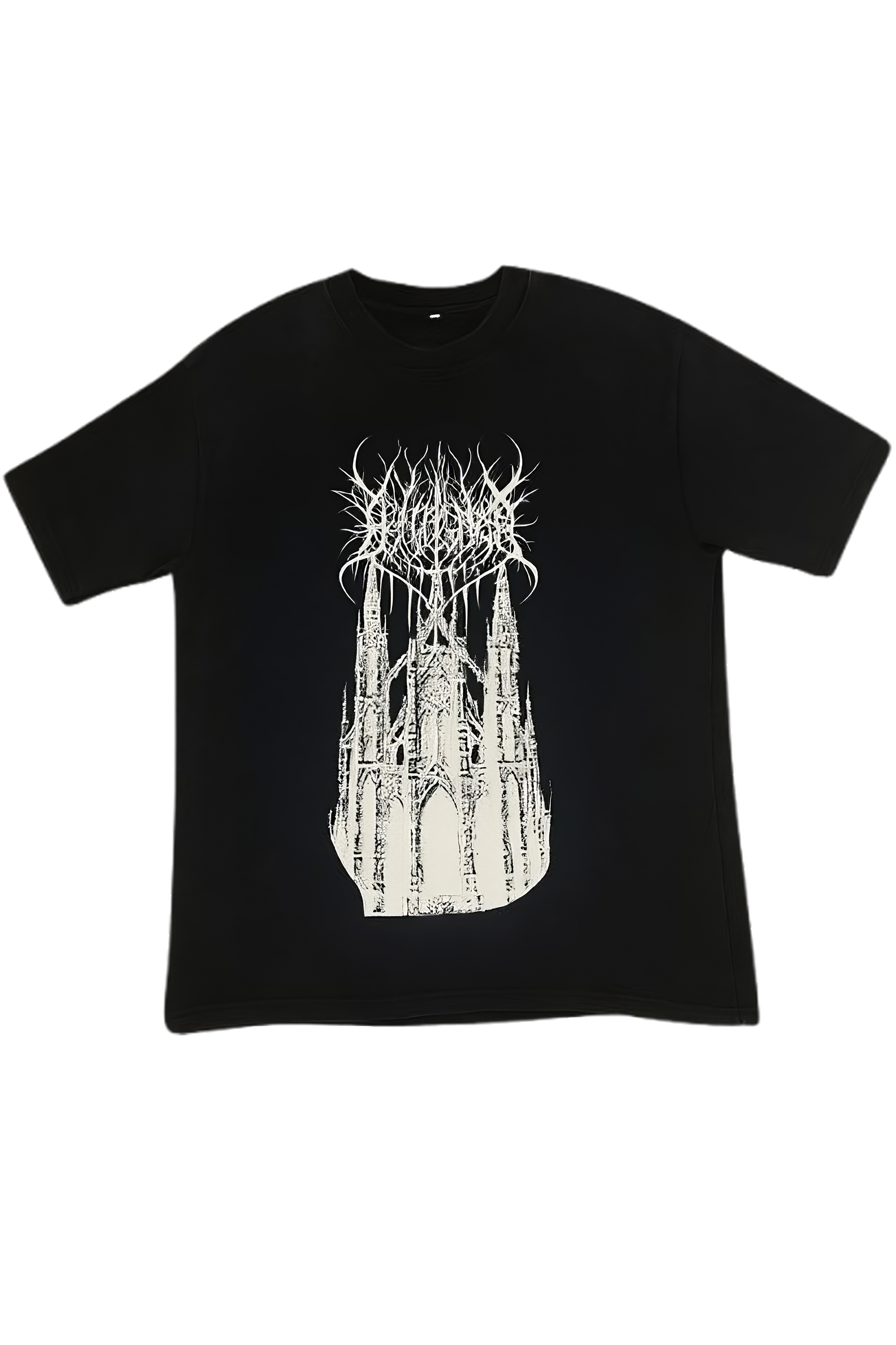 Black t-shirt with a white graphic design on a white background