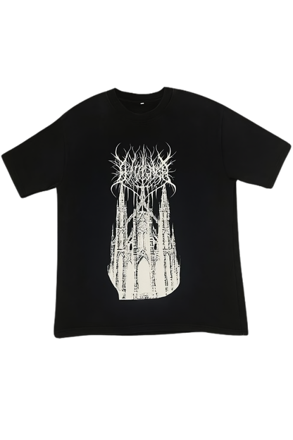 Black t-shirt with a white graphic design on a white background