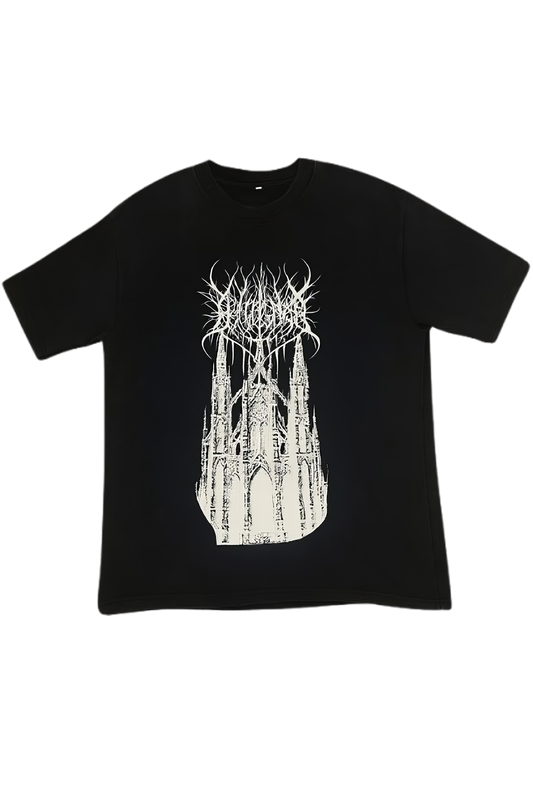 Black t-shirt with a white graphic design on a white background